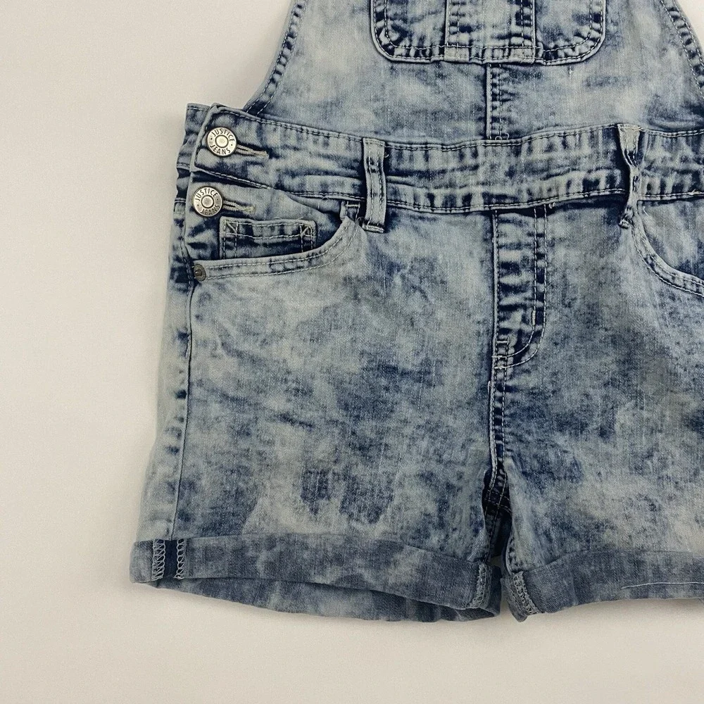 Justice Girls Shortalls Overalls Shorts Sz 12 Denim Blue Jean Acid Wash Stretch